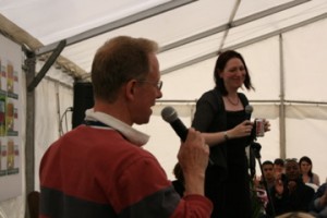 Jamie Newall thanking Natalie Haynes at Book Fest 2011